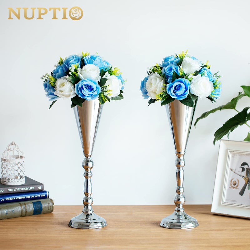 NUPTIO 10 Pcs Tabletop Silver Metal Wedding Flower Trumpet Vase, 16.5 inch Table Decorative Centerpiece Artificial Flower Arrangements for Anniversary Ceremony Party Birthday Event Home Decoration (Silver) - Image 2